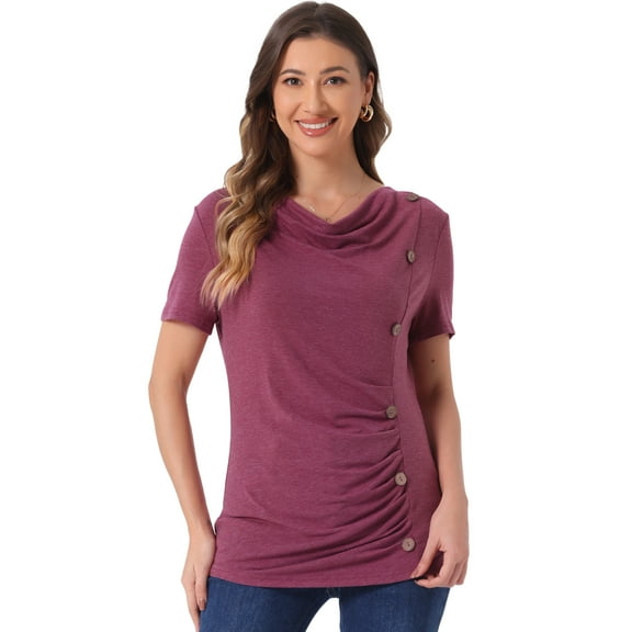 DARING DIVA Women's Cowl Neck Short Sleeve Ruched Blouses XS Burgundy