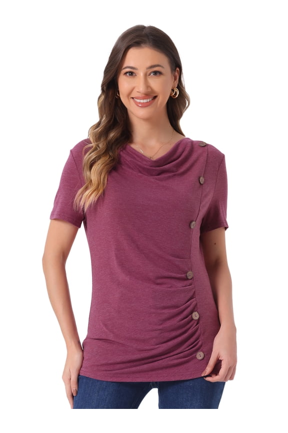 Women's Cowl Neck Ruched Short Sleeve Tops with Button Decor XS Burgundy
