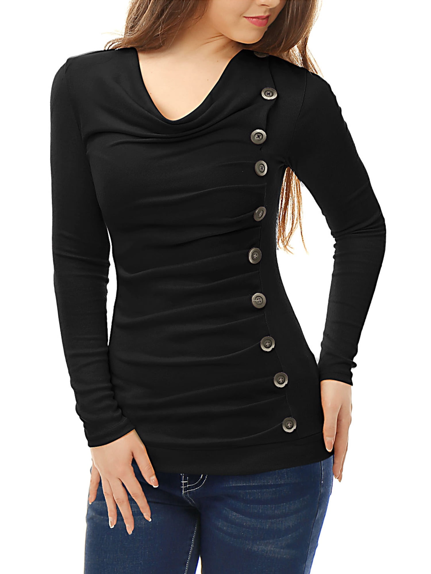 DARING DIVA Women's Cowl Neck Side Ruched Tunic Top L Black