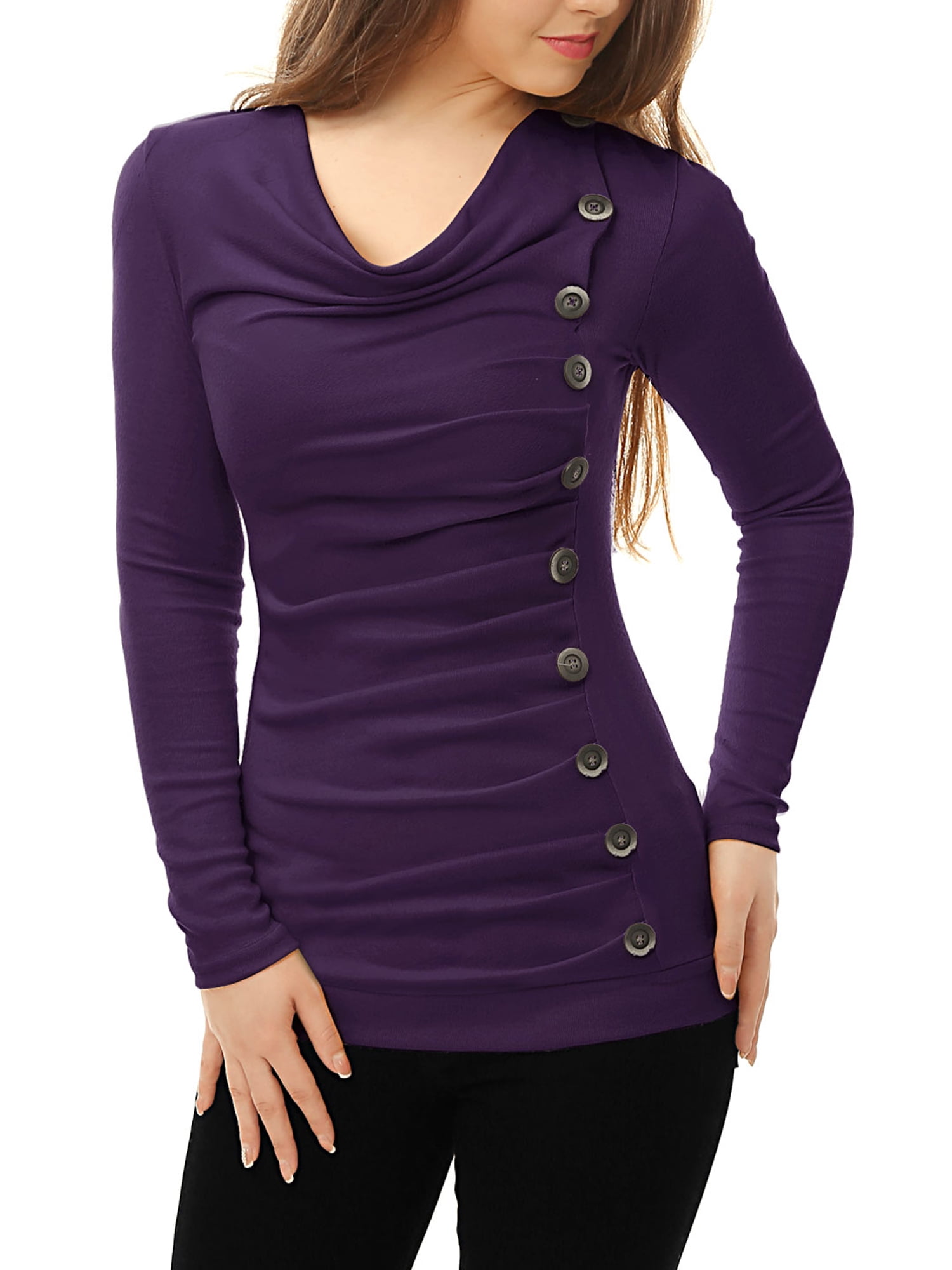 DARING DIVA Women's Cowl Neck Side Ruched Tunic Top M Purple