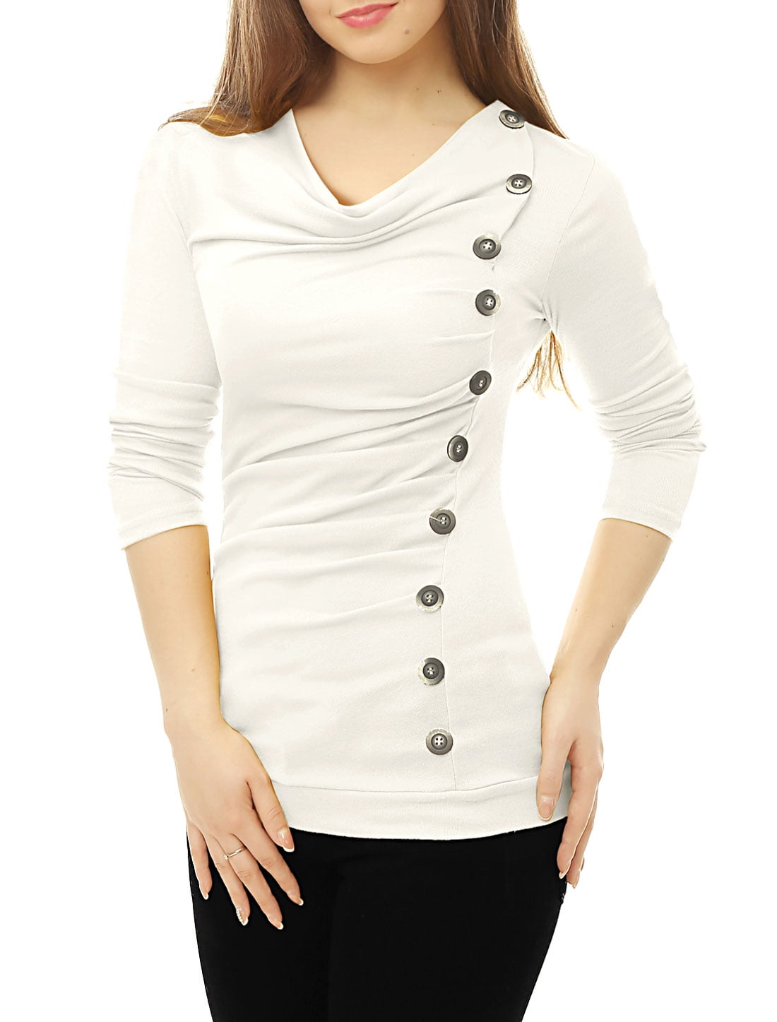 DARING DIVA Women's Cowl Neck Side Ruched Tunic Top S White