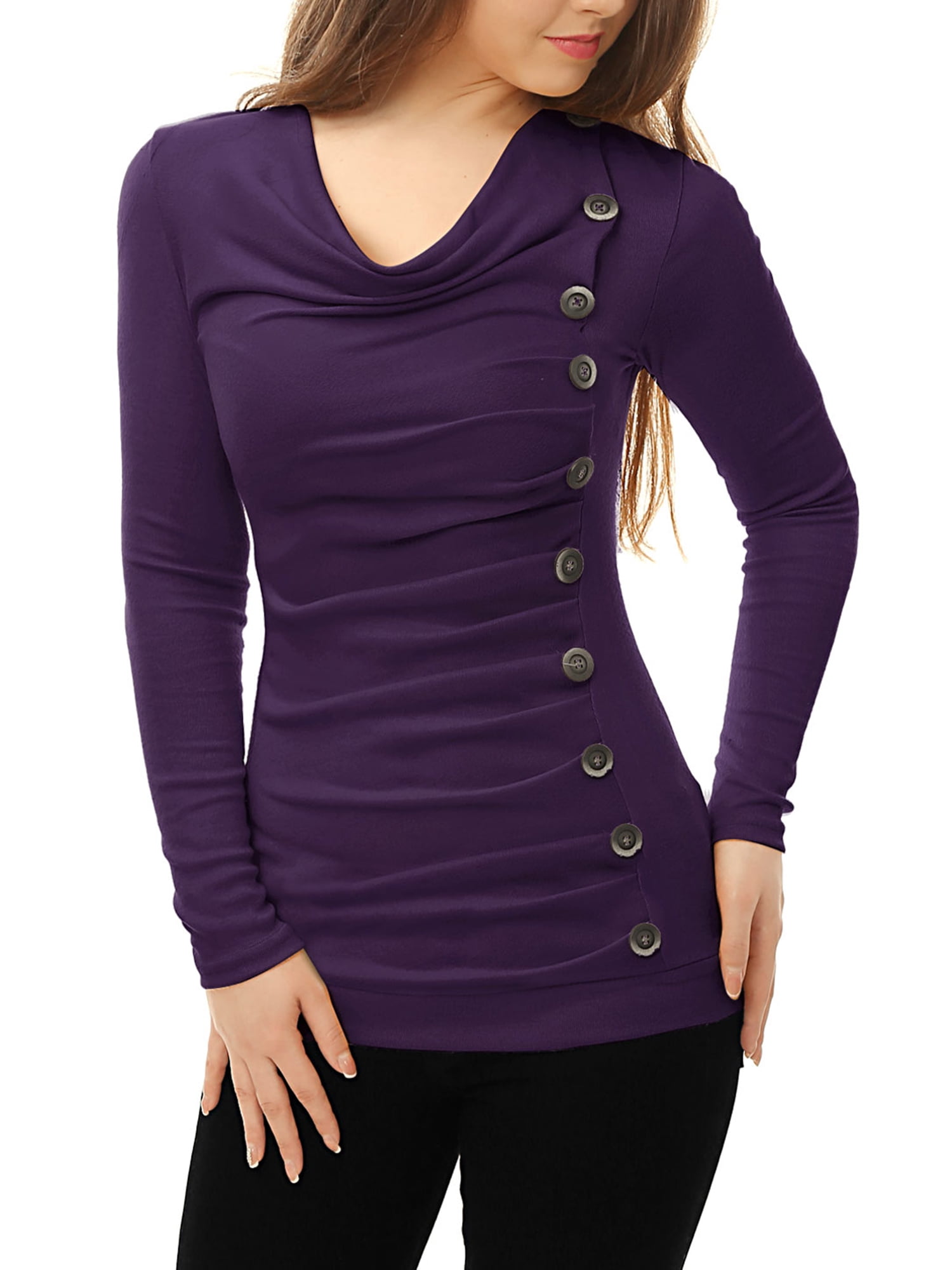 DARING DIVA Women's Cowl Neck Side Ruched Tunic Top XS Purple