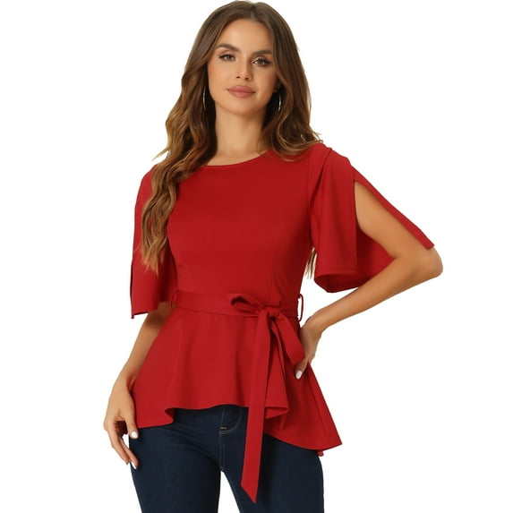 DARING DIVA Women's Crew Neck Belted Knot Drap Peplum Blouse M Red
