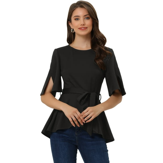 DARING DIVA Women's Crew Neck Belted Knot Drap Peplum Blouse XS Black