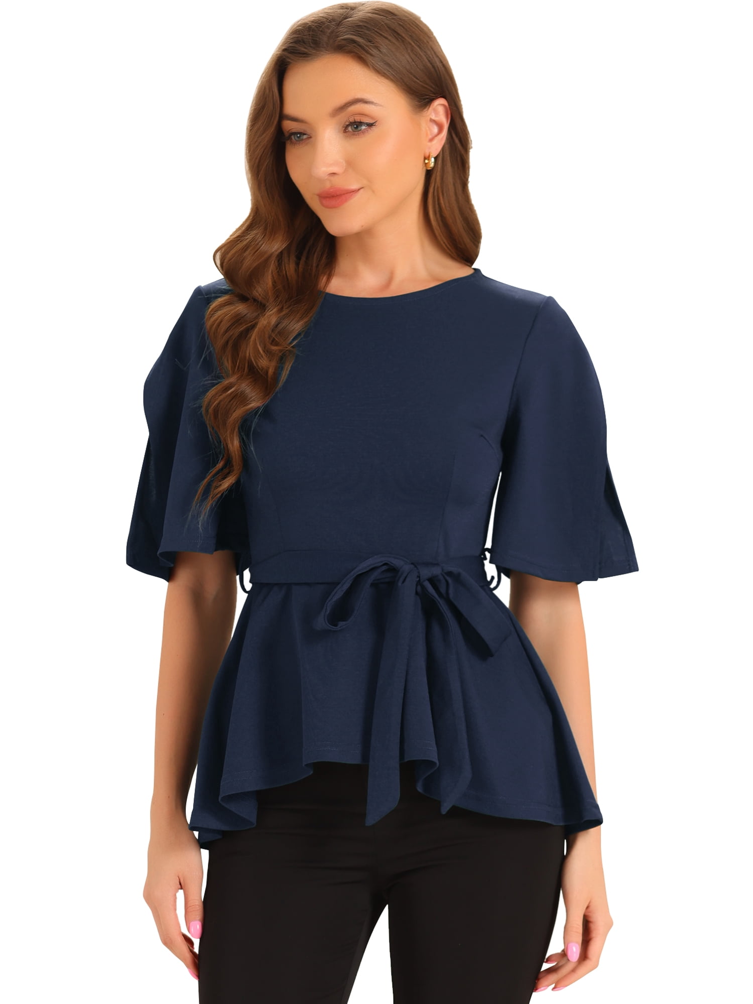 DARING DIVA Women's Crew Neck Belted Knot Drap Peplum Blouse XS Dark Blue
