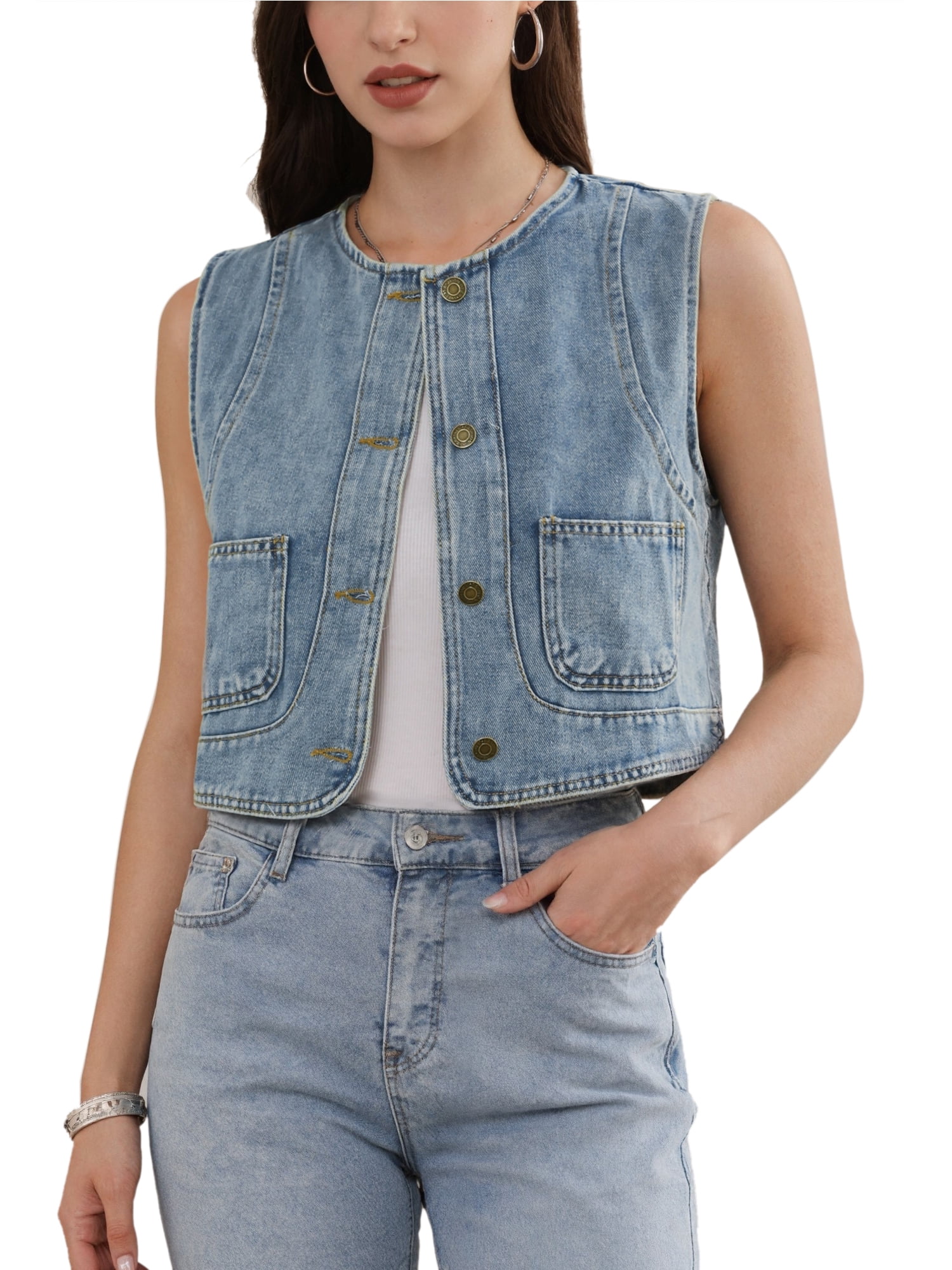 DARING DIVA Women's Crew Neck Button Down Sleeveless Jean Jacket Vest L Retro Blue