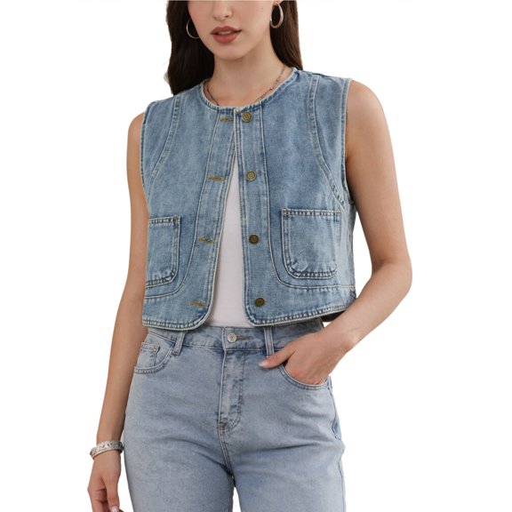 DARING DIVA Women's Crew Neck Button Down Sleeveless Jean Jacket Vest L Retro Blue