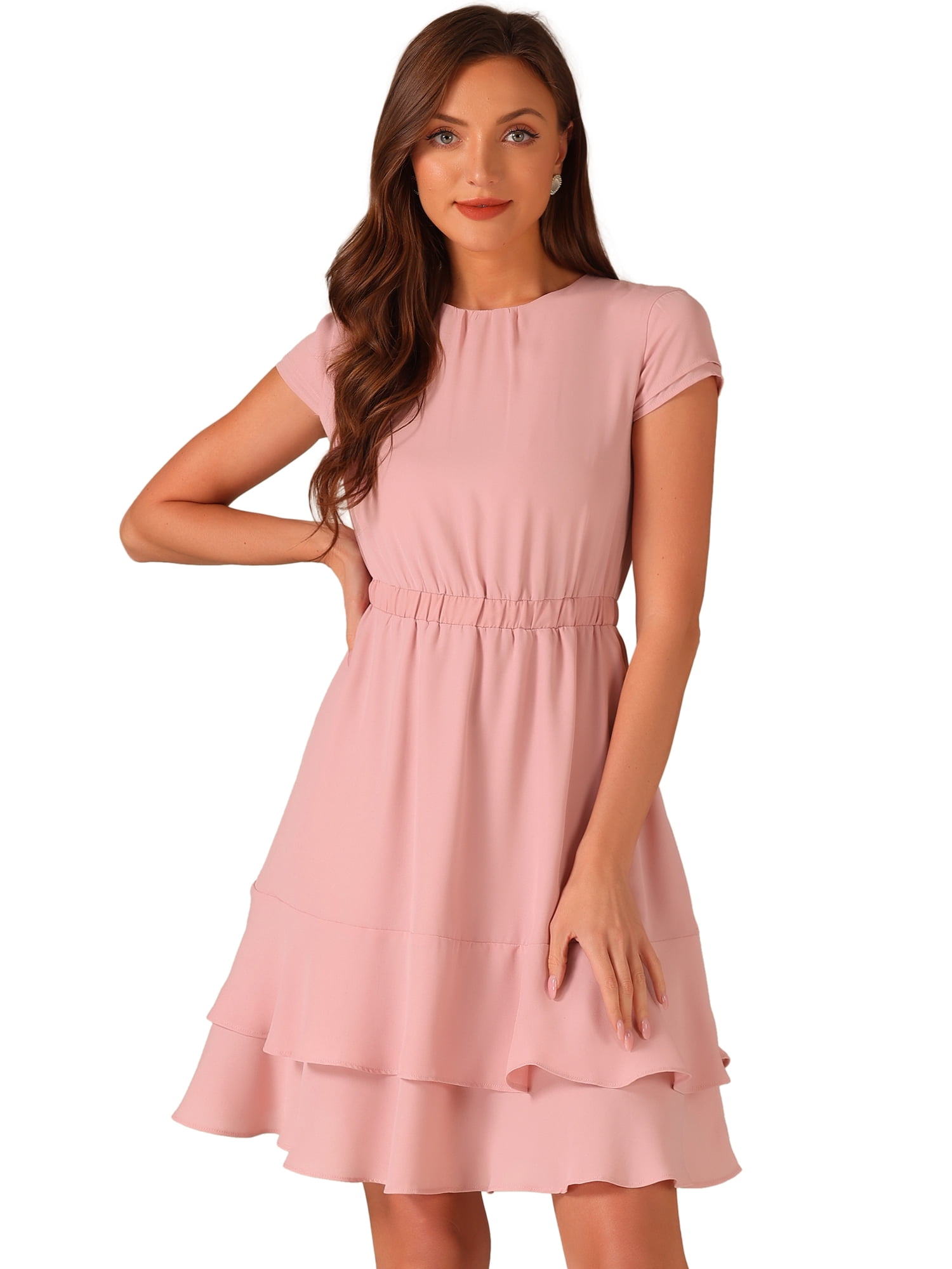 DARING DIVA Women's Crew Neck Cap Sleeve A-Line Layered Ruffled Mid-Length Dress M Pink