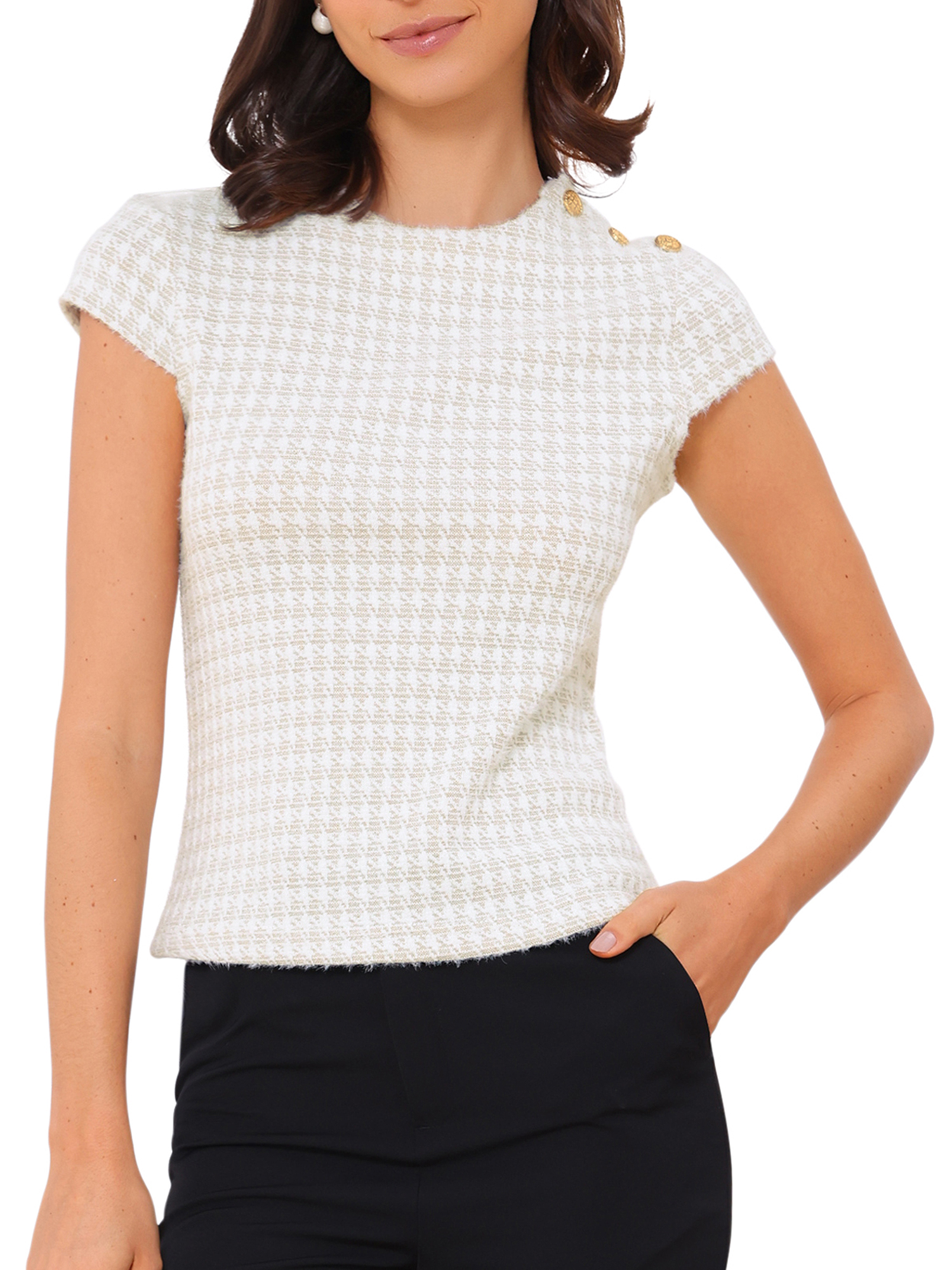 DARING DIVA Women's Crew Neck Cap Sleeve Knit Houndstooth Tweed Top S Light Khaki