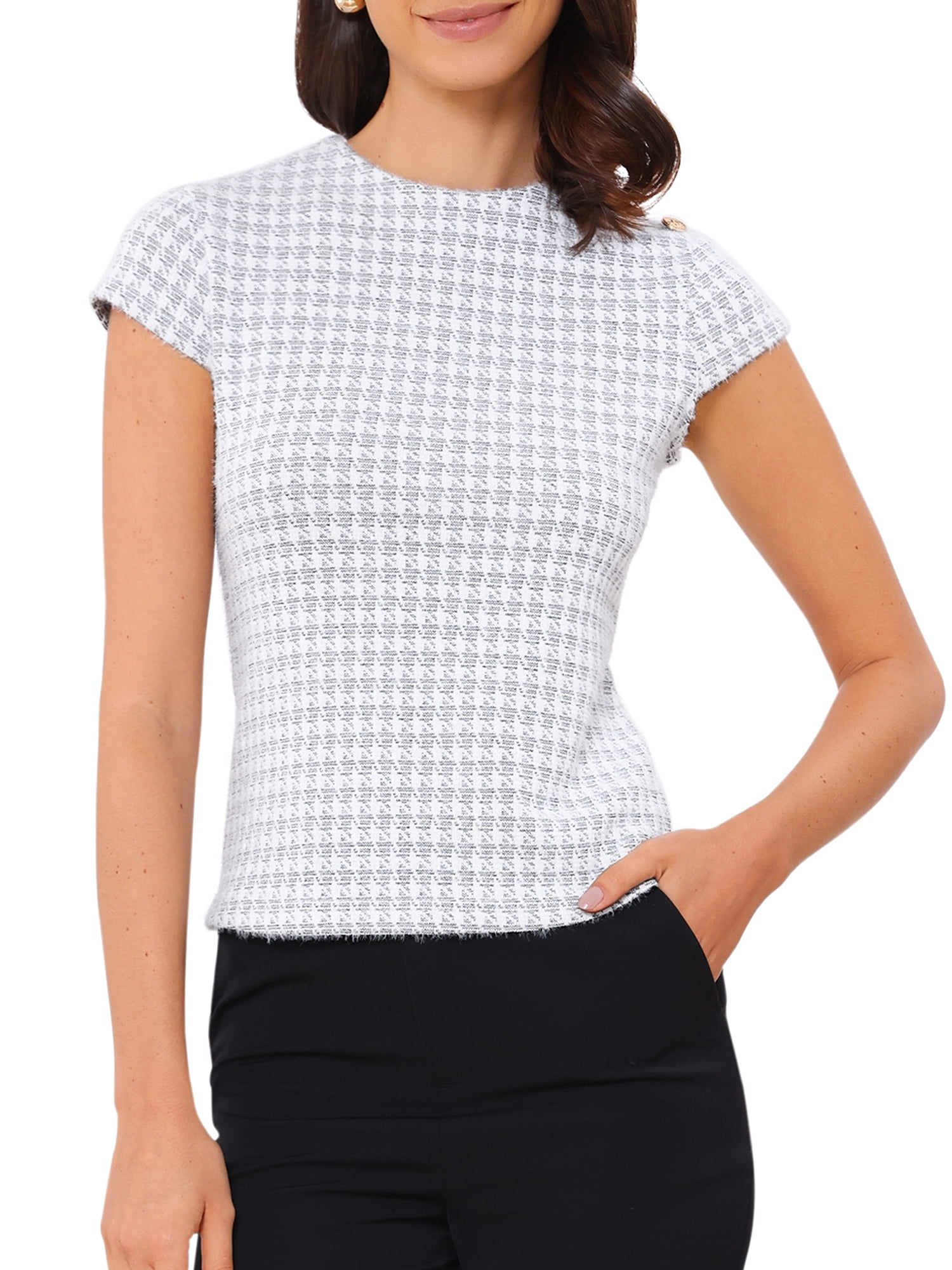 DARING DIVA Women's Crew Neck Cap Sleeve Knit Houndstooth Tweed Top S White