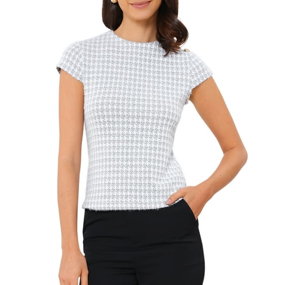 DARING DIVA Women's Crew Neck Cap Sleeve Knit Houndstooth Tweed Top XS White