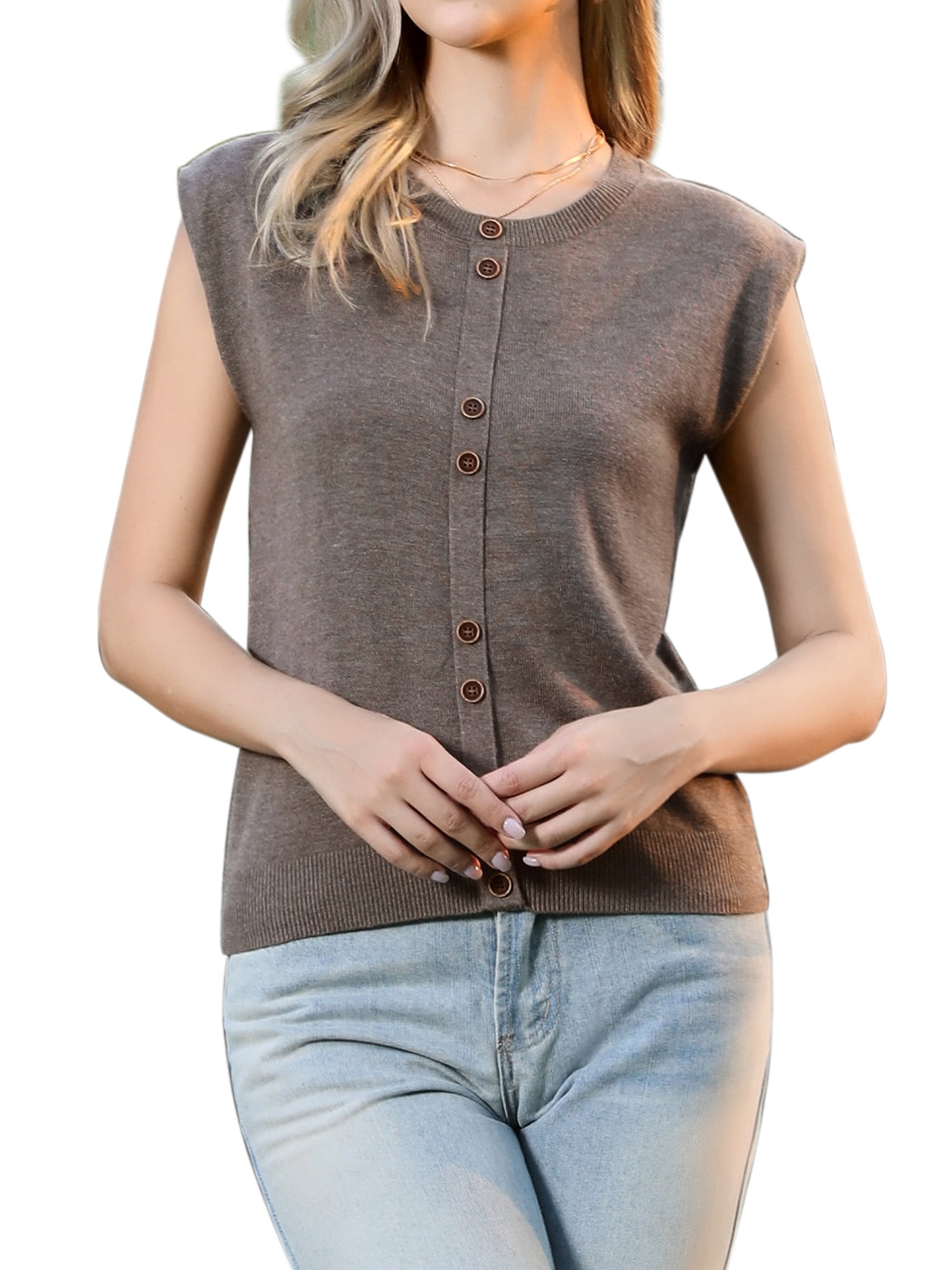 DARING DIVA Women's Crew Neck Cap Sleeve Knit Pullover Tank Top XL Coffee