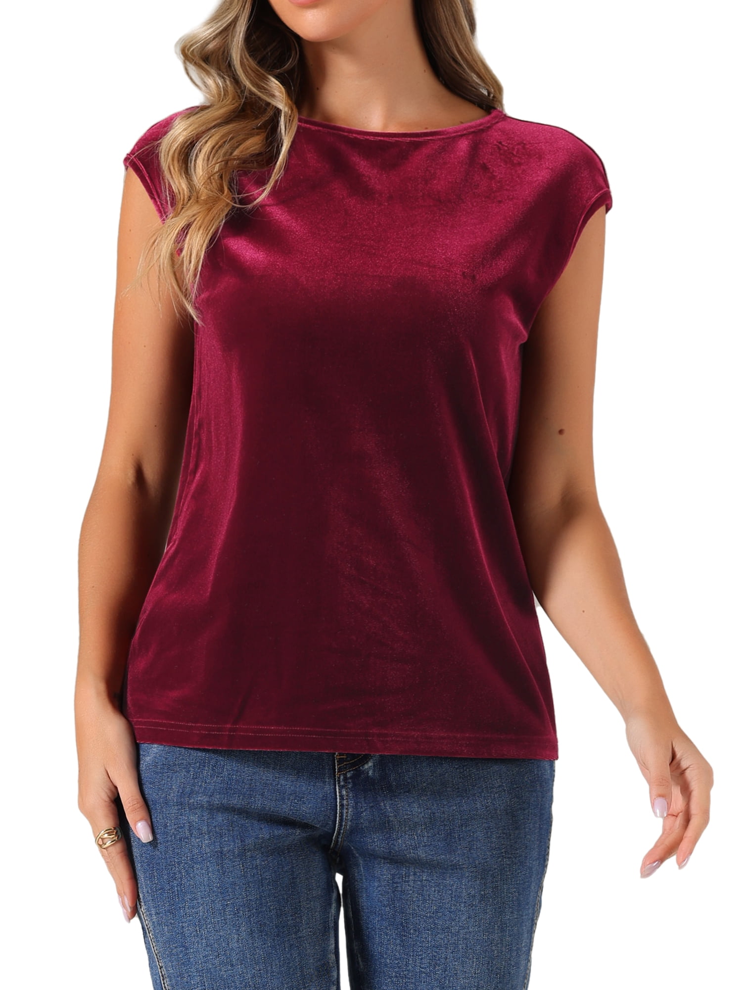 DARING DIVA Women's Velvet Christmas Party Crew Neck Cap Sleeve Top L Burgundy