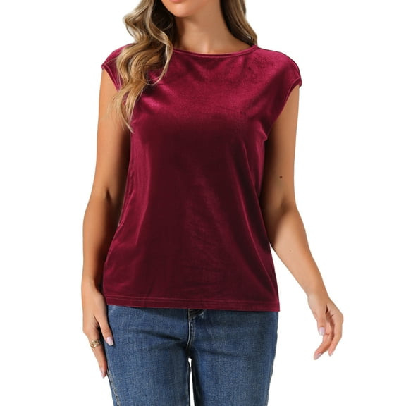 DARING DIVA Women's Crew Neck Cap Sleeve Velvet Blouses M Burgundy
