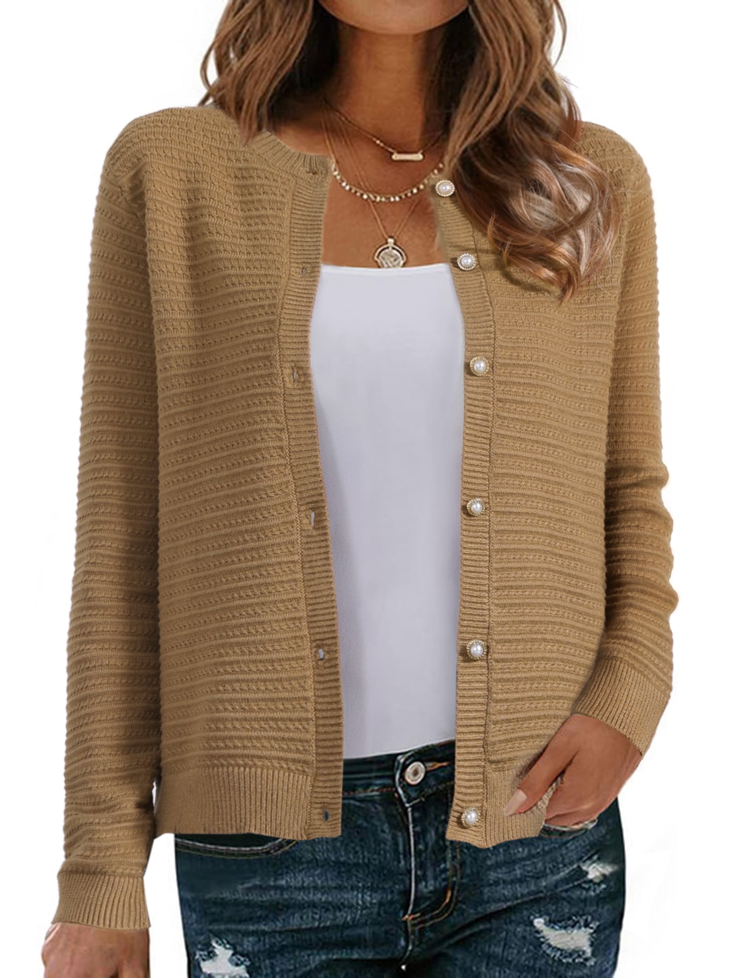 DARING DIVA Women's Crew Neck Long Sleeve Open Front Button Down Cardigan XL Brown