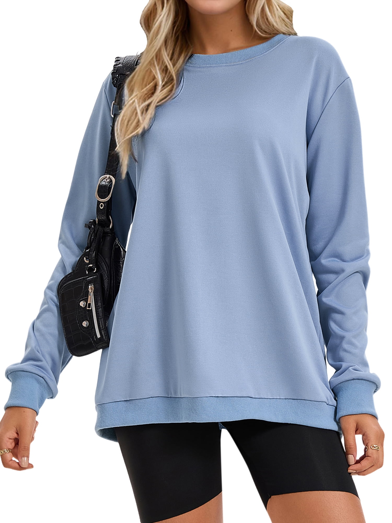 Unique Bargains Womens Sweatshirt Crew Neck Long Sleeve Pullover Shirts L Gray Blue