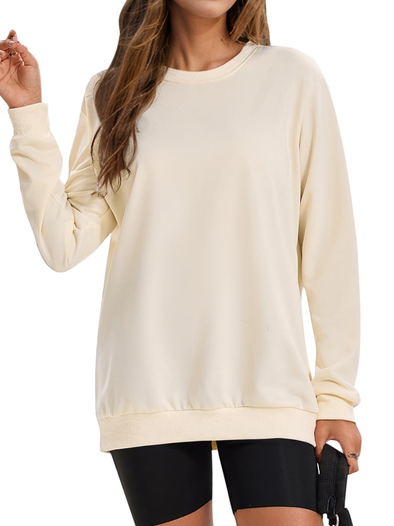 Unique Bargains Womens Sweatshirt Crew Neck Long Sleeve Pullover Shirts M Apricot