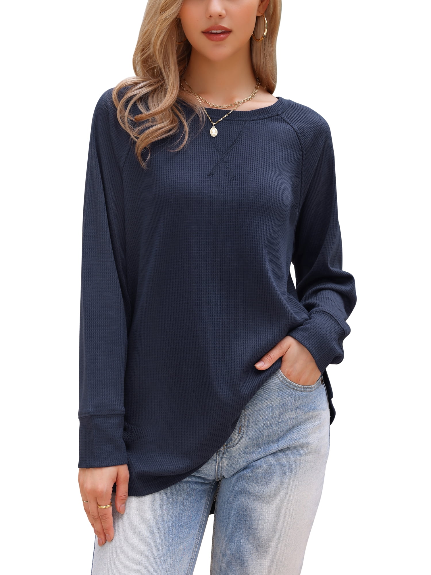 DARING DIVA Women's Crew Neck Loose Long Sleeve Waffle Knit Top XS Dark Blue