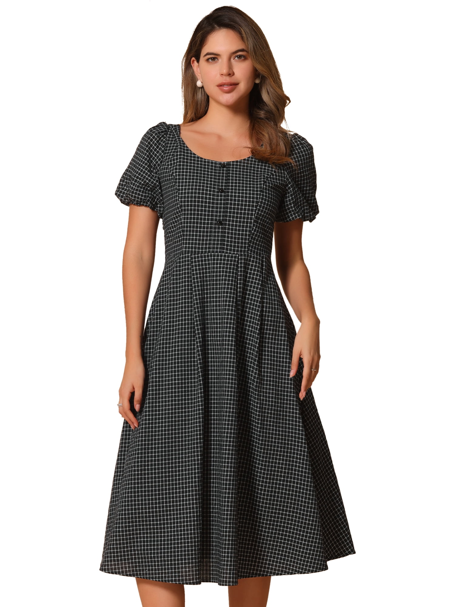 DARING DIVA Women's Crew Neck Puff Short Sleeve Midi Dresses S Black