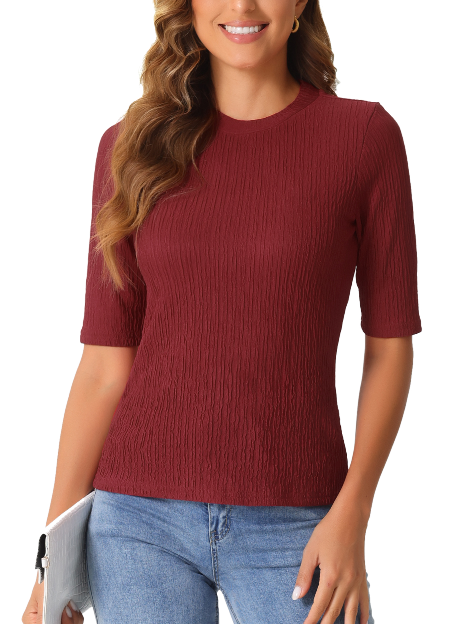 DARING DIVA Women's Crew Neck Top Ruched Half Sleeve Blouse M Dark Red
