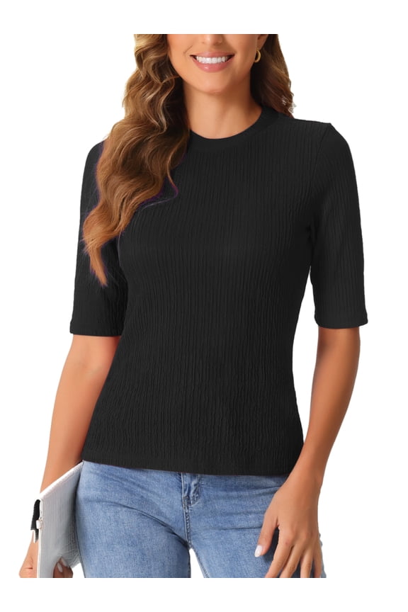 Women's Crew Neck Ruched Half Sleeve Basic Blouse XS Black