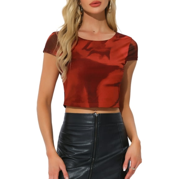 DARING DIVA Women's Crew Neck Short Sleeve Sheer Mesh Crop Tops XS Red