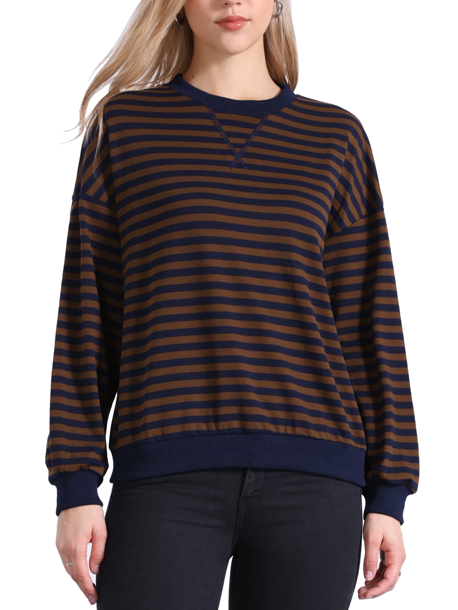 DARING DIVA Women's Crew Neck Striped Long Sleeve Sweatshirt M Brown
