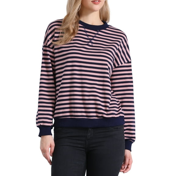 DARING DIVA Women's Crew Neck Striped Long Sleeve Sweatshirt M Pink
