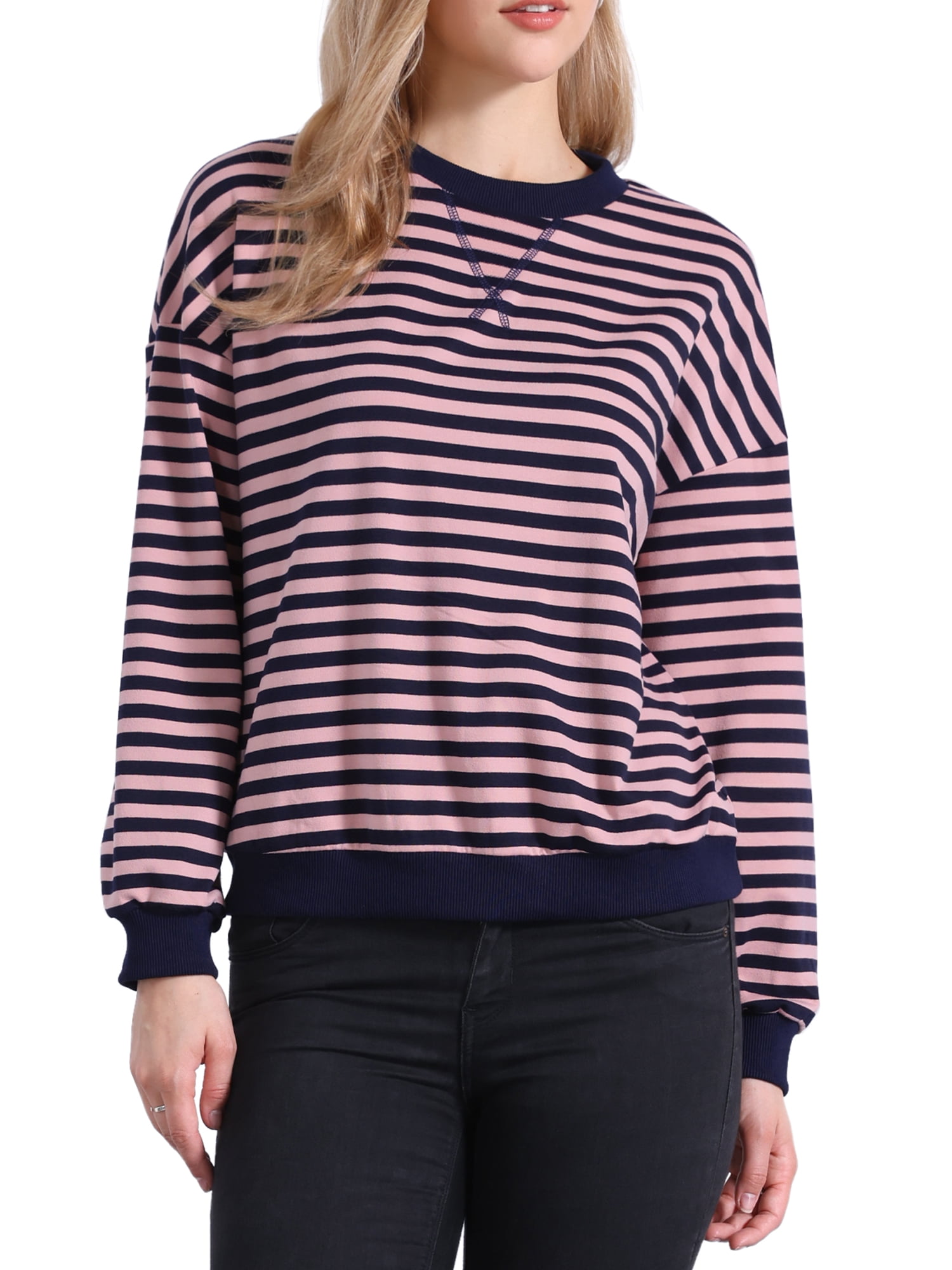 DARING DIVA Women's Crew Neck Striped Long Sleeve Sweatshirt S Pink