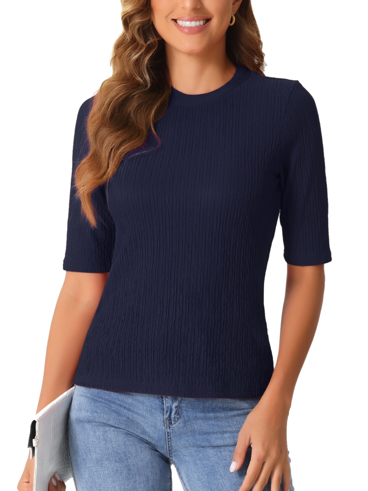 DARING DIVA Women's Crew Neck Top Ruched Half Sleeve Blouse M Dark Blue