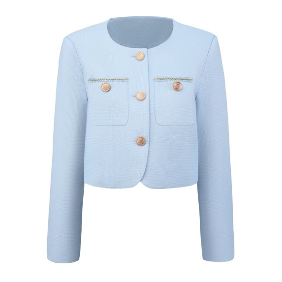 DARING DIVA Women's Crew neck Button Down Long Sleeve Cropped Blazer 2XL Light Blue