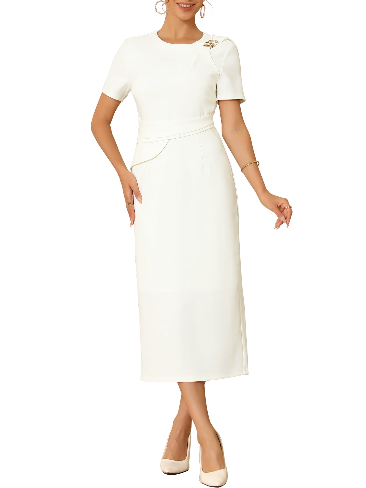 DARING DIVA Women's Crewneck Short Sleeve Pleated Waist Sheath Dresses 2XL White