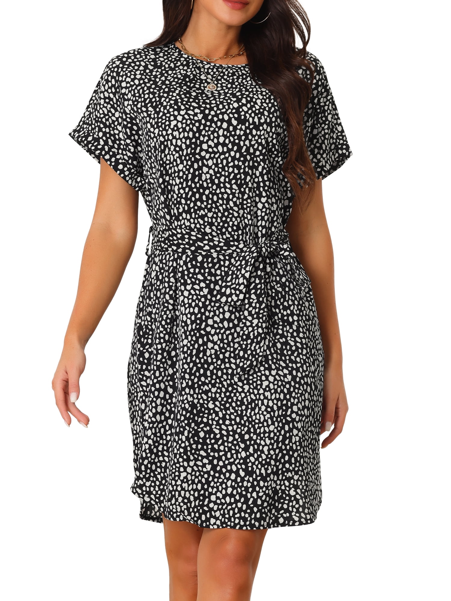 DARING DIVA Women's Crewneck Tie Waist Casual Polka Dots Dress S Black