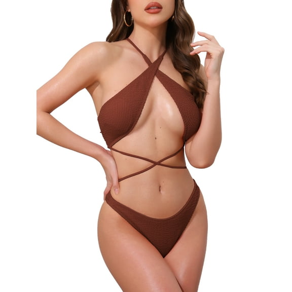 DARING DIVA Women's Criss Cross Ribbed Knit Bikini Sets Large Coffee