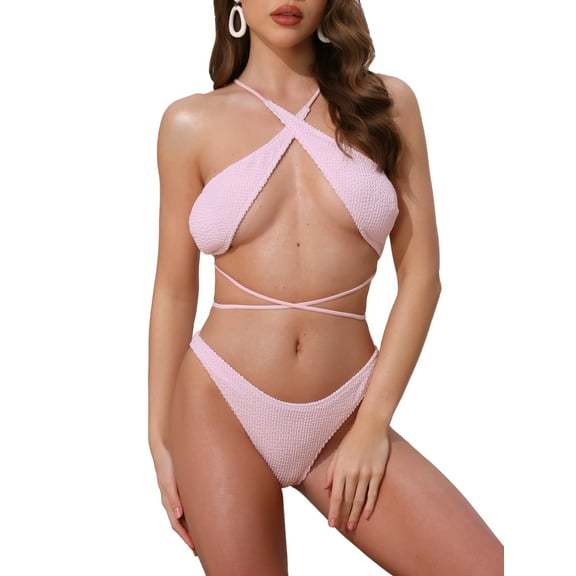 DARING DIVA Women's Criss Cross Ribbed Knit Bikini Sets Large Pink
