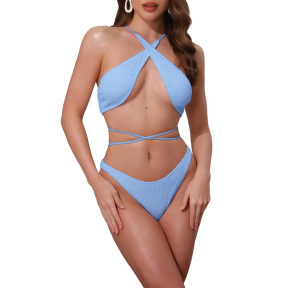DARING DIVA Women's Criss Cross Ribbed Knit Bikini Sets Small Light Blue