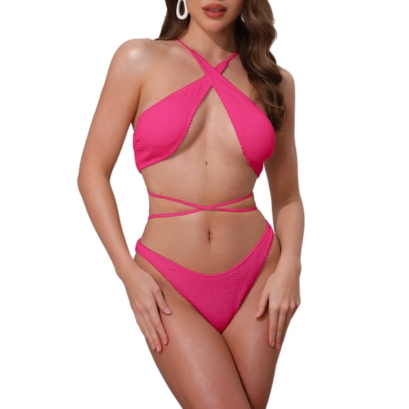 DARING DIVA Women's Criss Cross Ribbed Knit Bikini Sets Small Rose Red