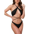 thumbnail image 1 of DARING DIVA Women's Criss Cross Ribbed Knit Bikini Sets X-Small Black, 1 of 6