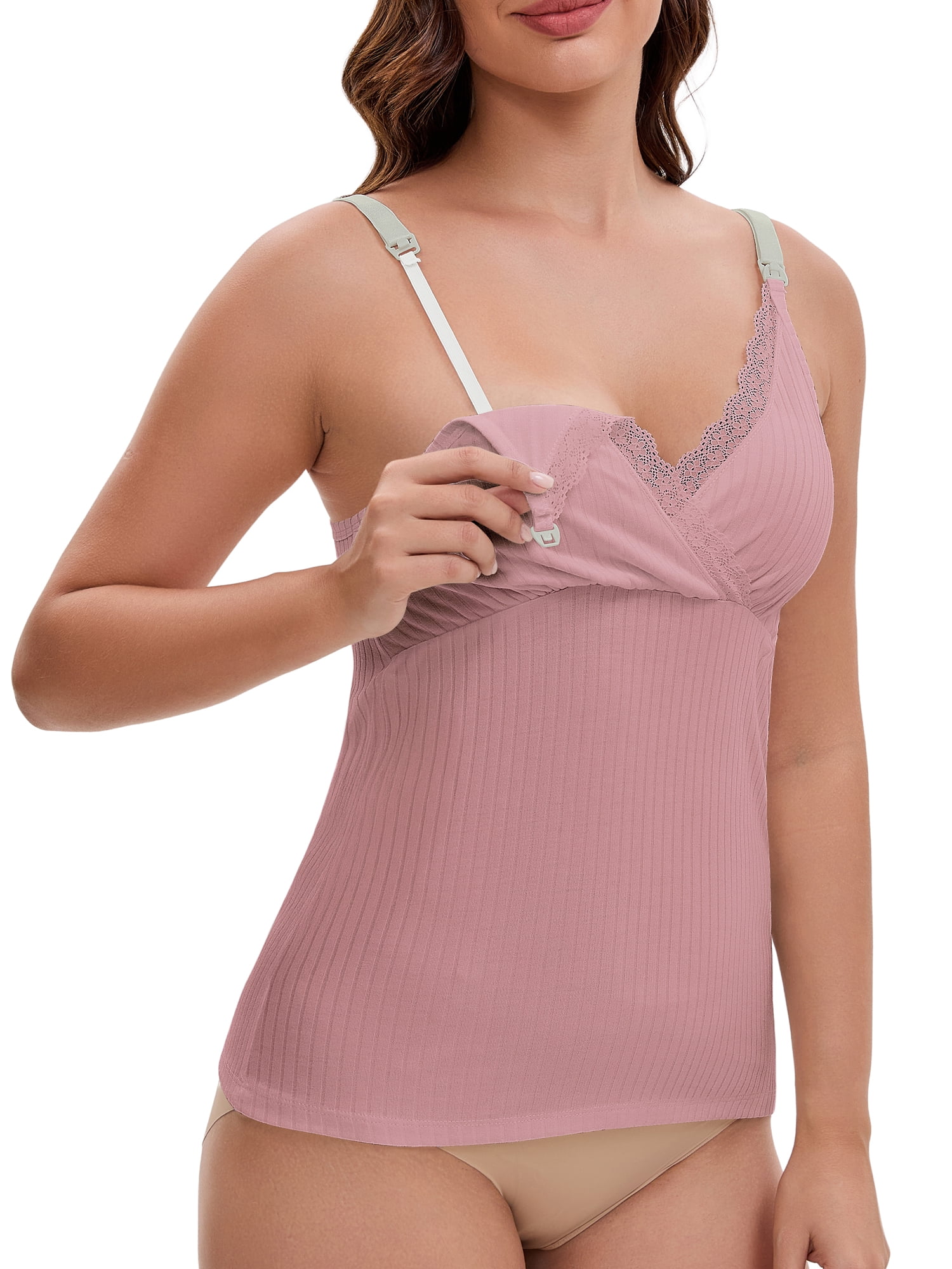 DARING DIVA Women's Crisscross Nursing Lace Trim Maternity Camisole Tank Tops L Pink