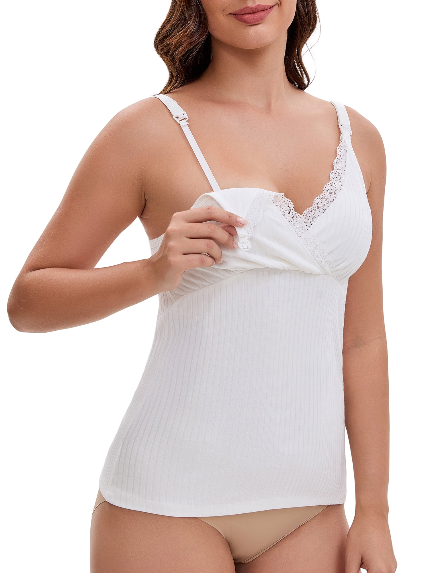 DARING DIVA Women's Crisscross Nursing Lace Trim Maternity Camisole Tank Tops M White