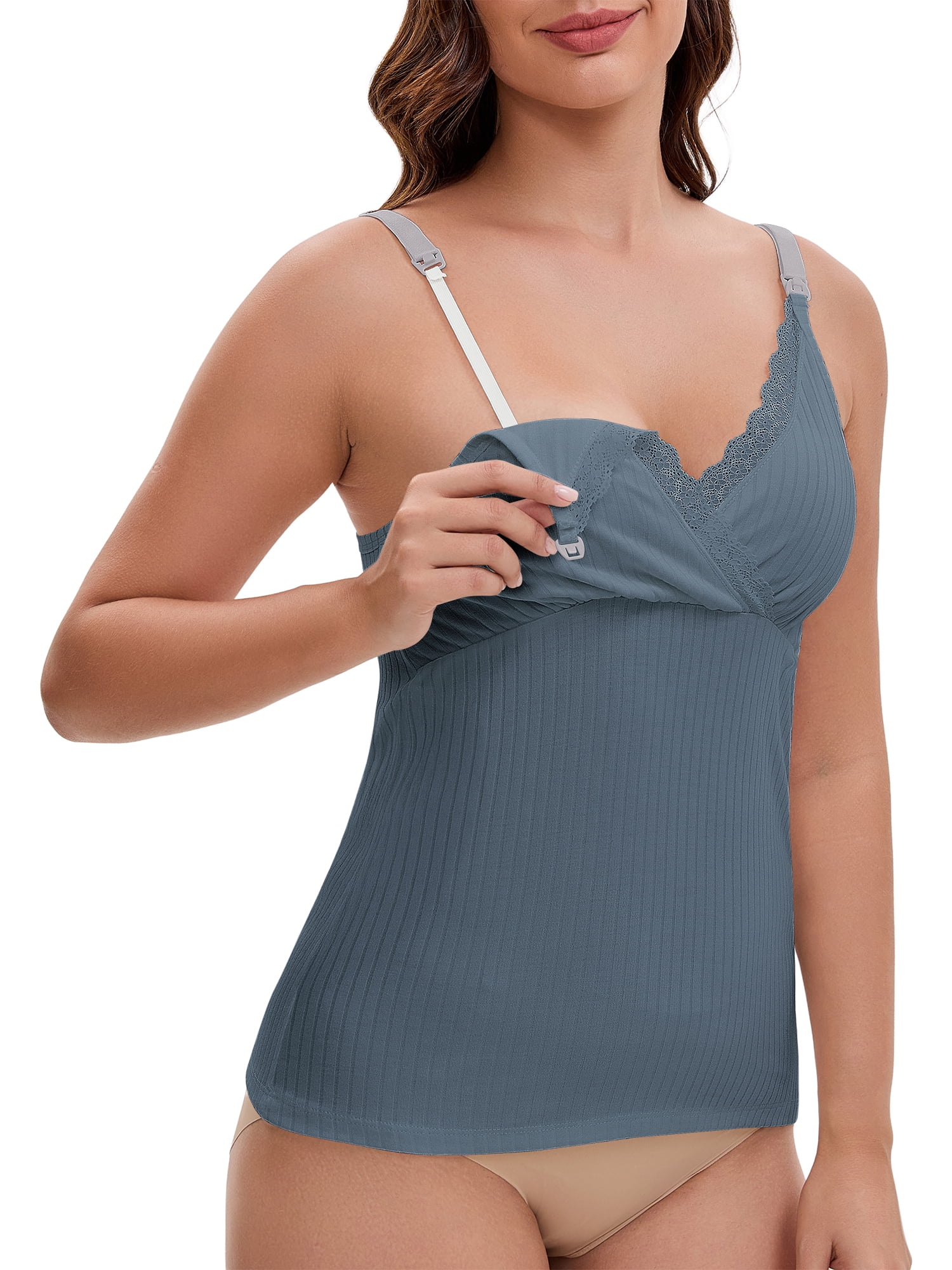 DARING DIVA Women's Crisscross Nursing Lace Trim Maternity Camisole Tank Tops XXL Blue