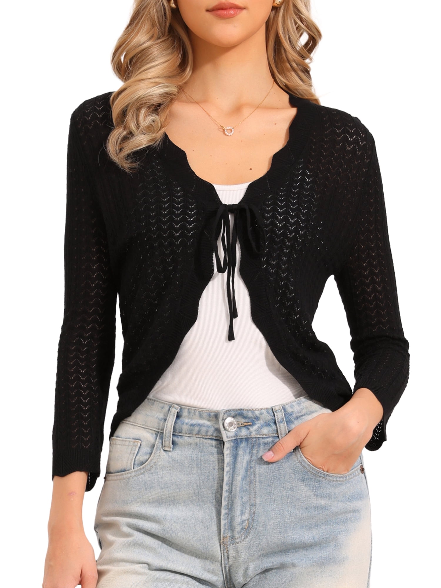 DARING DIVA Women's Crochet Bolero Shrug 3/4 Sleeve Cropped Cardigans Top S Black