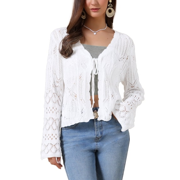 DARING DIVA Women's Crochet Bolero Shrug Long Sleeve Tie Front Cardigan S White