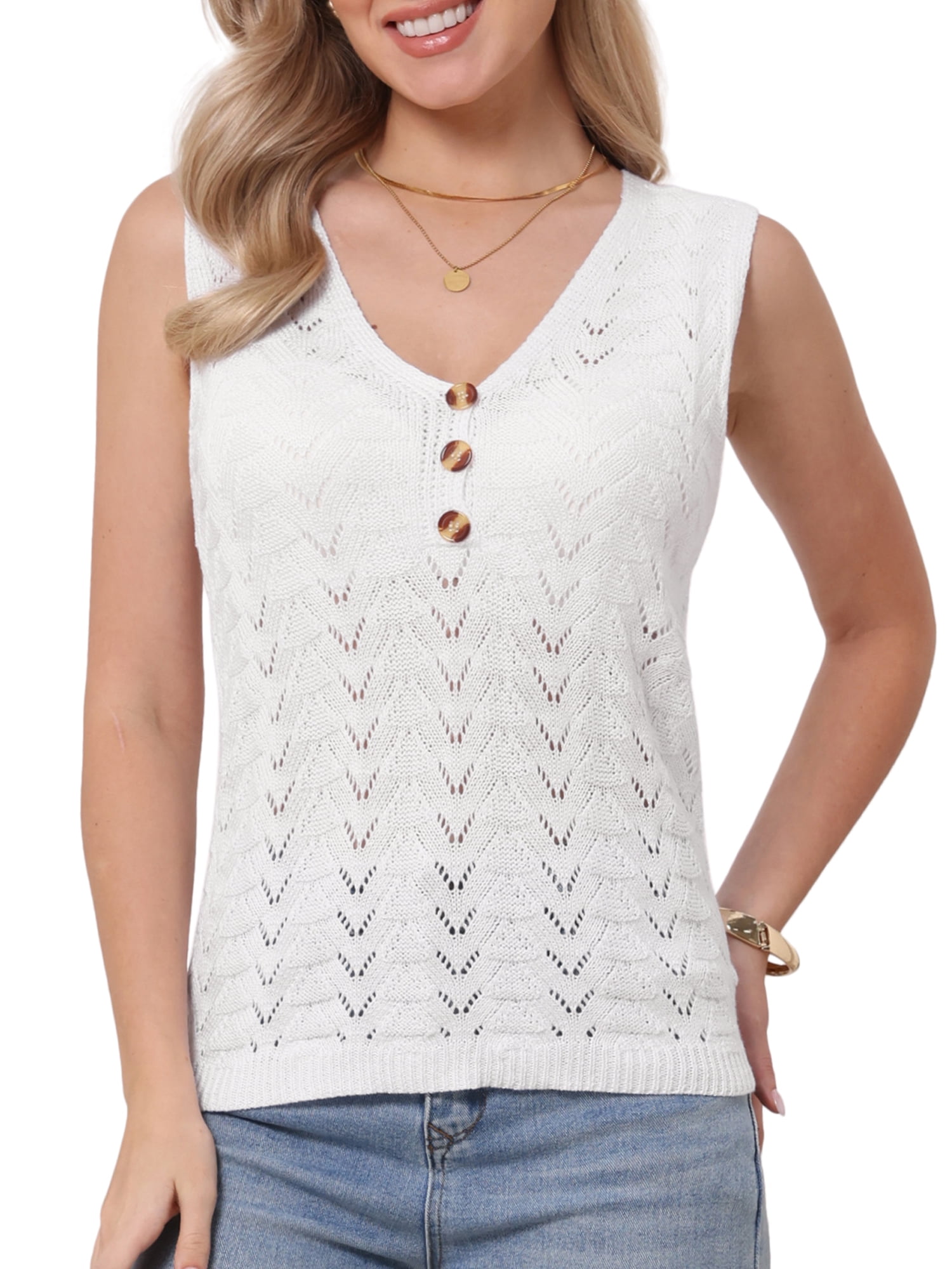 DARING DIVA Women's Crochet Eyelet Blouse Knit Tank Tops Sleeveless Pullover XL White
