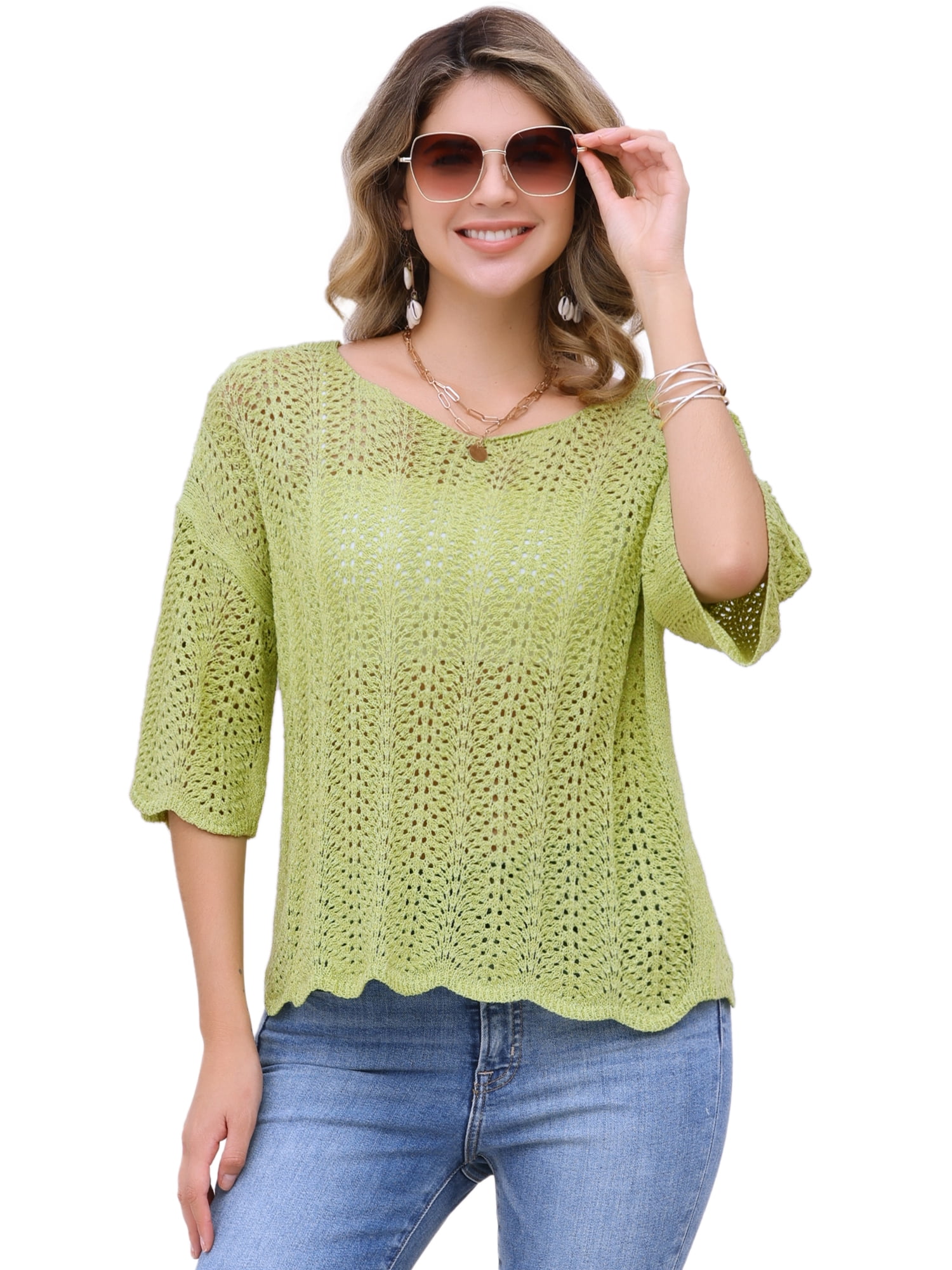 DARING DIVA Women's Crochet Hollow Out Knit Half Sleeve Cover Up Top L Mustard Green