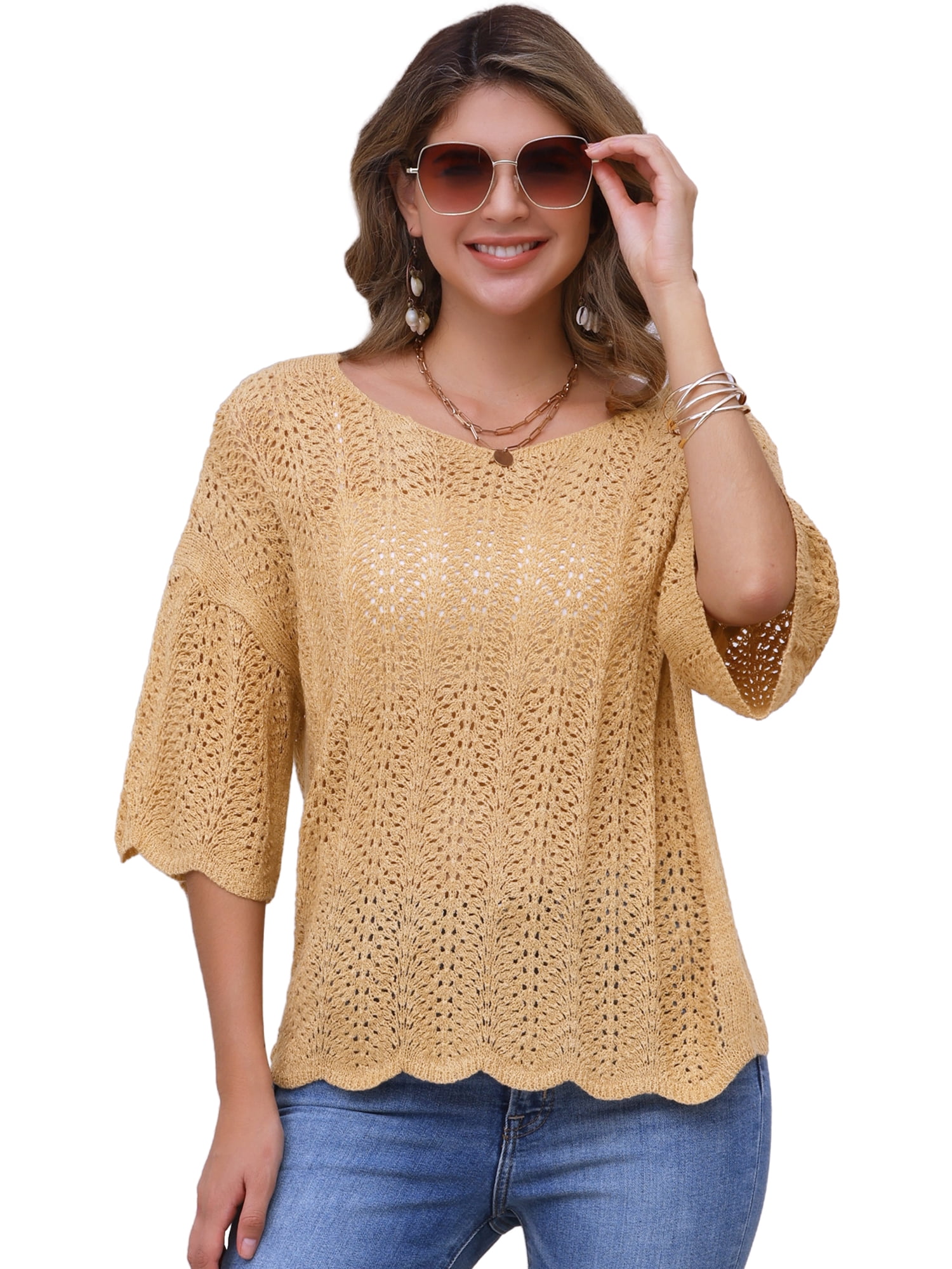DARING DIVA Women's Crochet Hollow Out Knit Half Sleeve Cover Up Top M Khaki