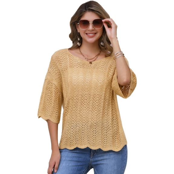 DARING DIVA Women's Crochet Hollow Out Knit Half Sleeve Top S Khaki