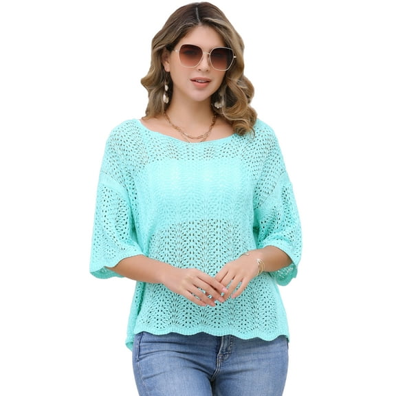 DARING DIVA Women's Crochet Hollow Out Knit Half Sleeve Top S Sky Blue