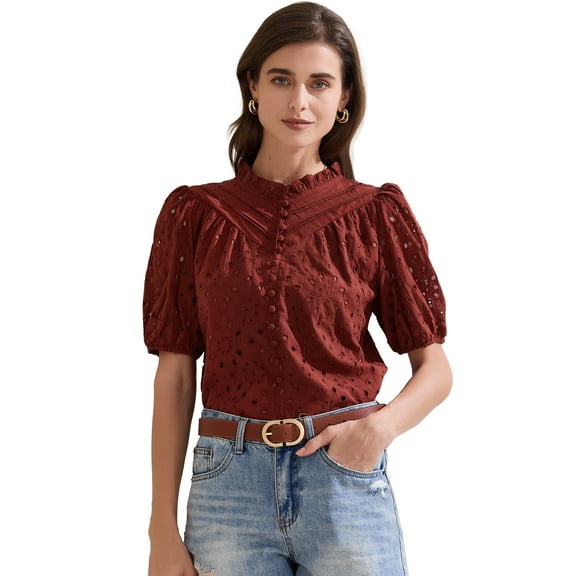 DARING DIVA Women's Crochet Hollow Out Ruffle Neck Peasant Blouse L Dark Red