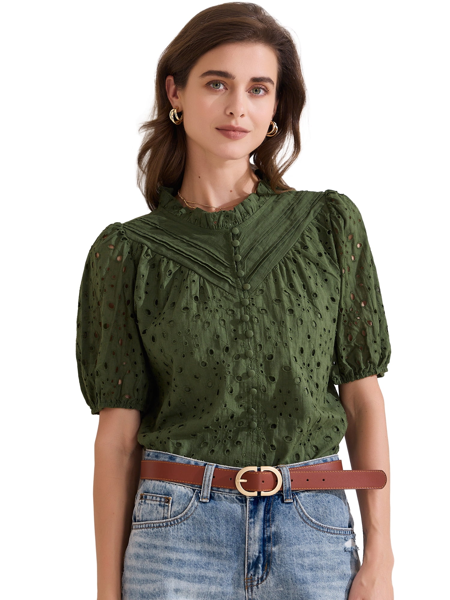 DARING DIVA Women's Crochet Hollow Out Ruffle Neck Peasant Blouse L Green